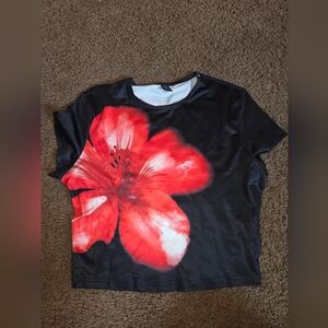 SHEIN Black Tee with Red Floral Design